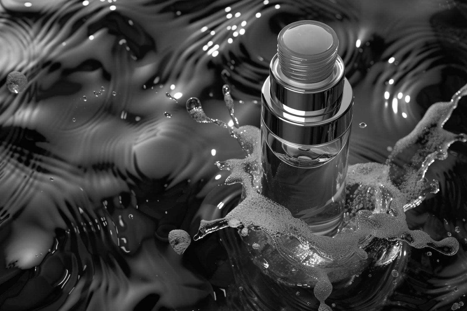 Rappresentazione di un profumo per capelli in vetro immerso in acqua