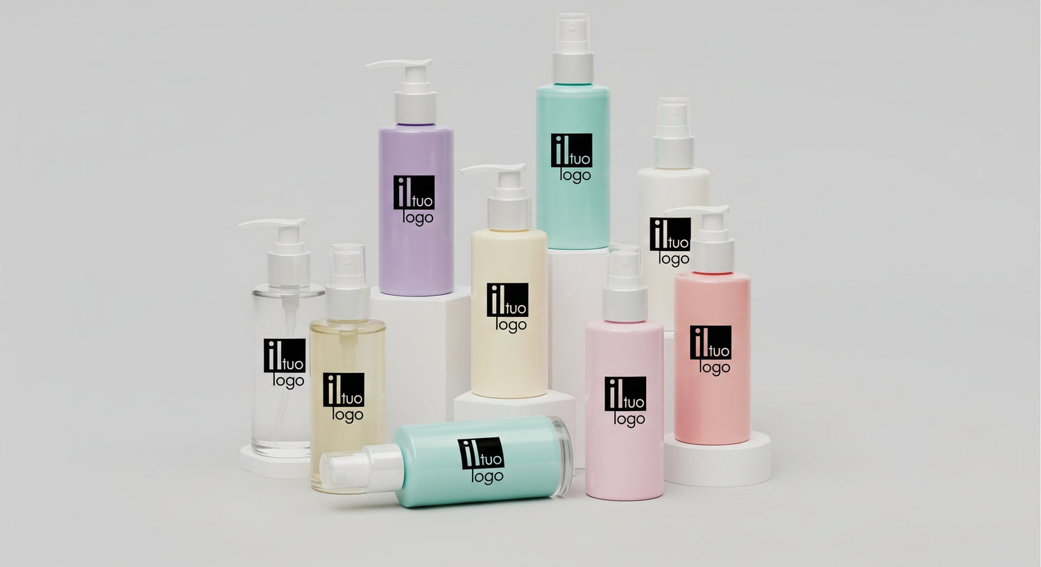 Esempio di flaconi cosmetici da personalizzare con il logo della tua azienda.