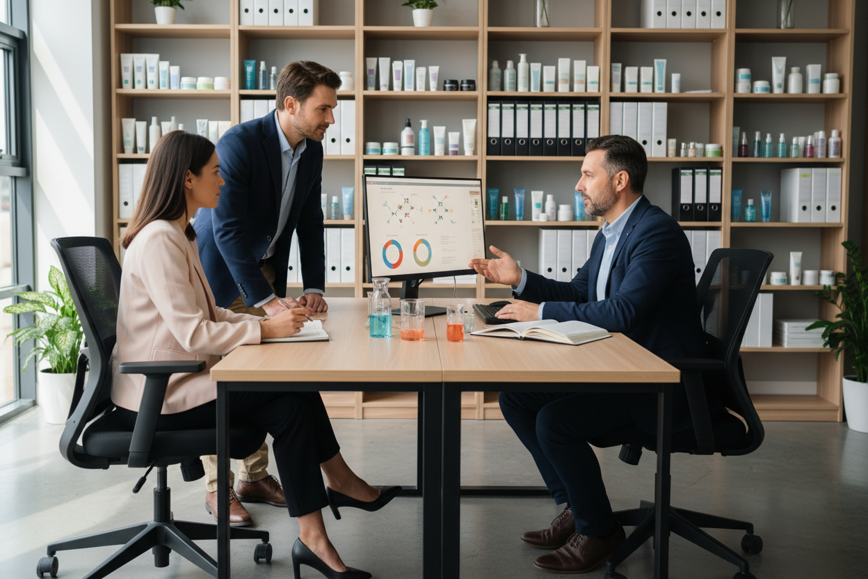 Il chimico illustra a due clienti uomo e donna come ottenere il massimo dalla loro idea di prodotto cosmetico.