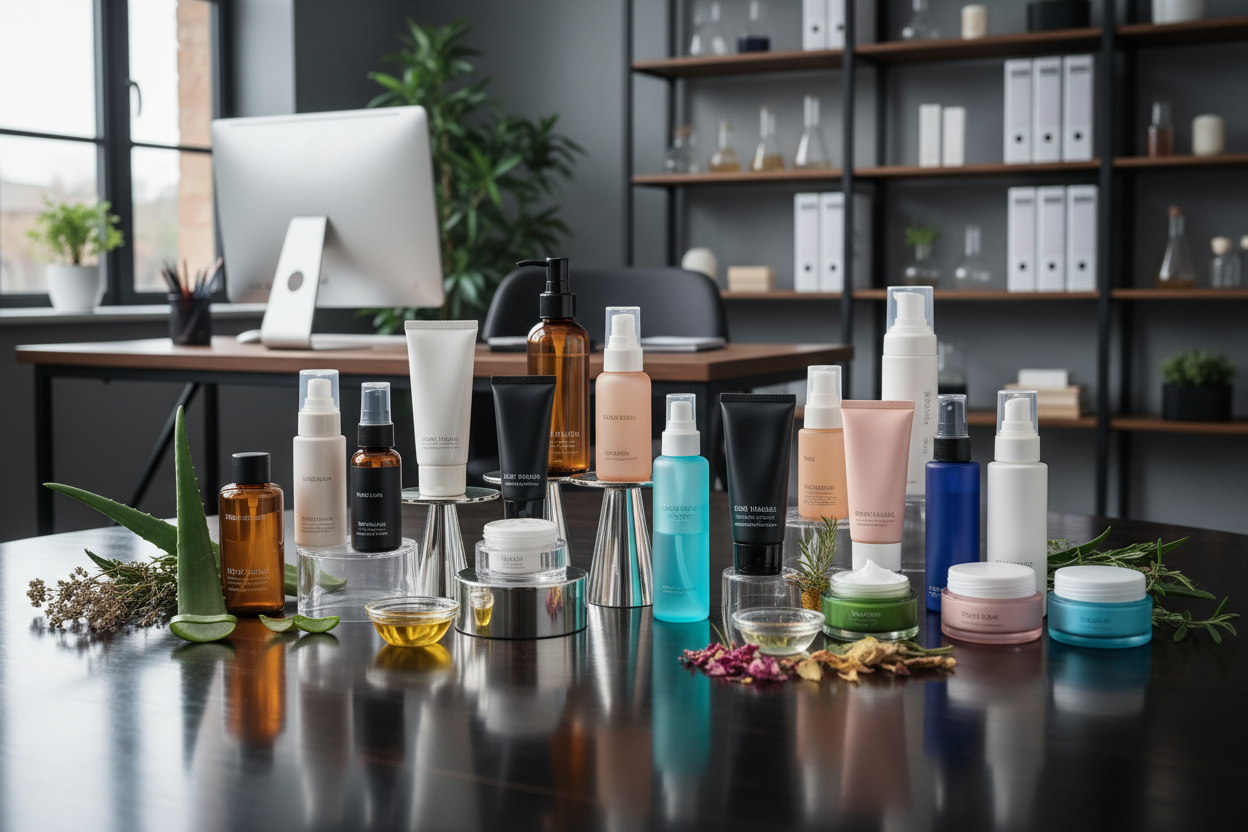 Un esempio di flaconi di diversa forma e misura per la produzione di cosmetici personalizzati.