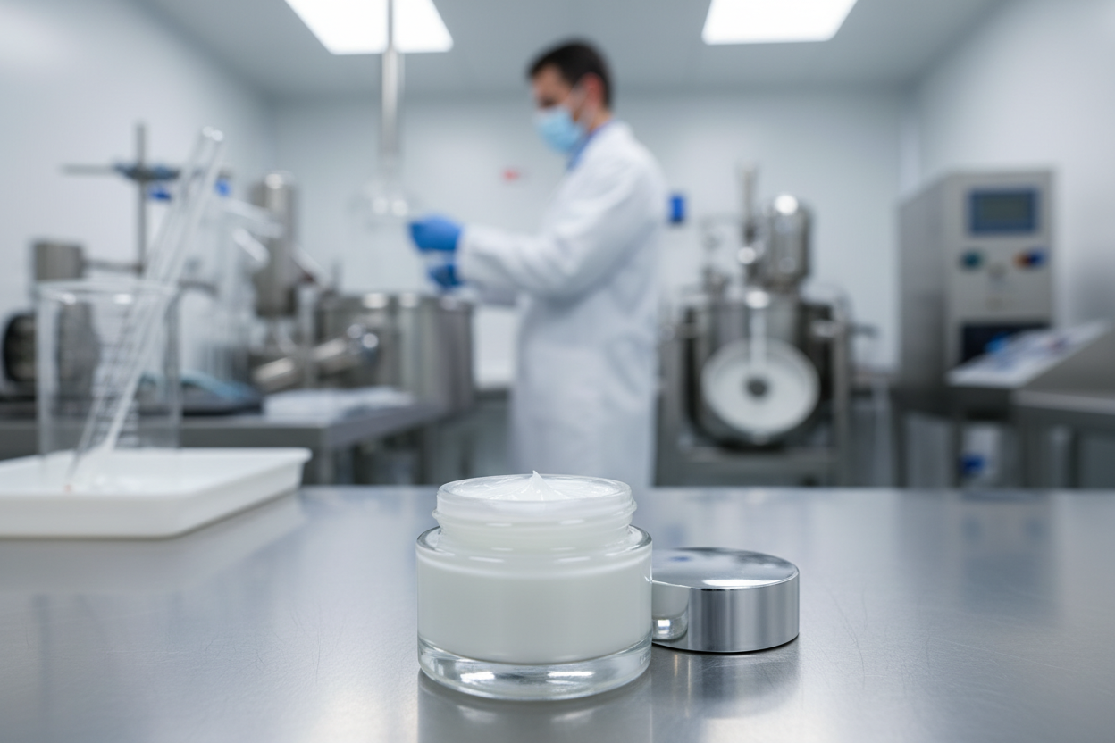 In primo piano un vasetto di crema viso idratante in un vaso di vetro con tappo argentato, sullo sfondo un operaio di un industria cosmetica mentre effettua la preparazione di altri campioni.