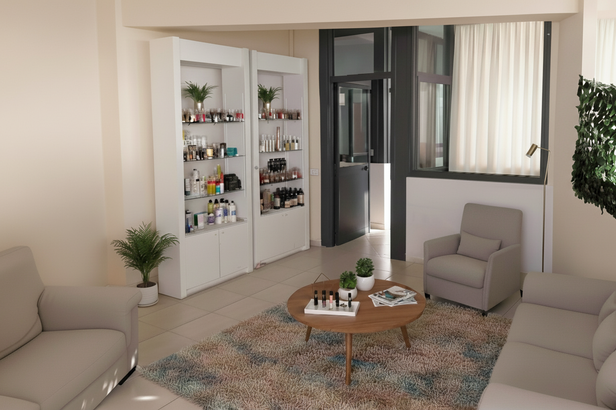 Una sala d'attesa allestita con diversi divani e divanetti di colore grigio, al centro un tavolino in legno con sopra riviste e flaconi cosmetici, sulla destra un espositore di diversi prodotti hair care e skin care.