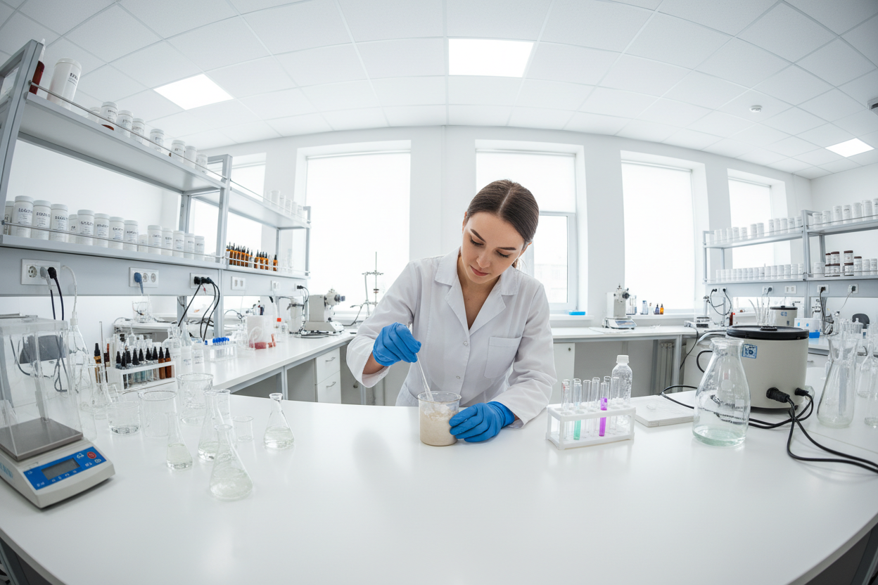 Una giovane ragazza all'interno di una sala campionatura di un laboratorio cosmetico mentre realizza il campione di una crema viso.