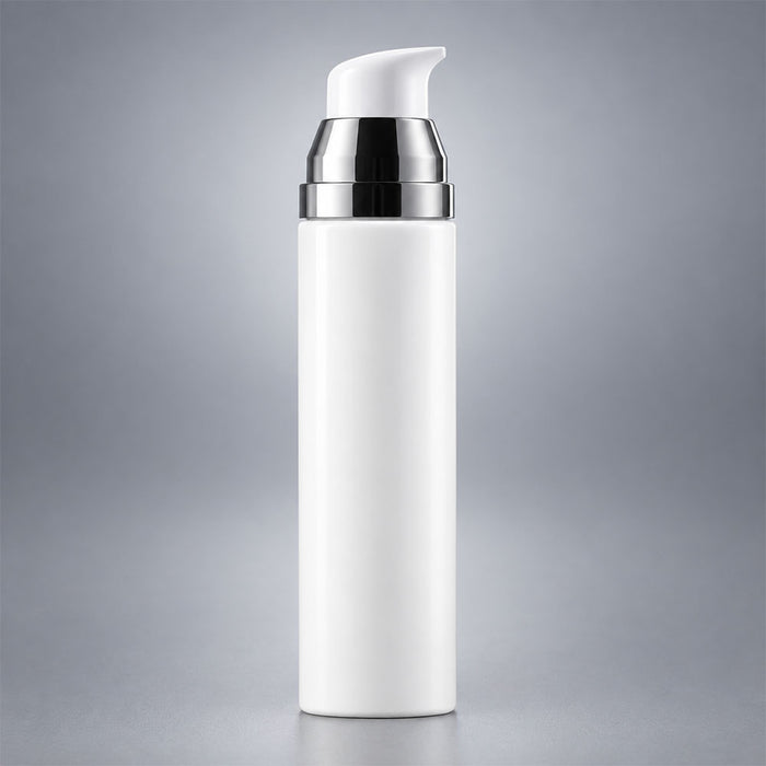 Frasco airless con bomba blanca para líquidos con anillo plateado