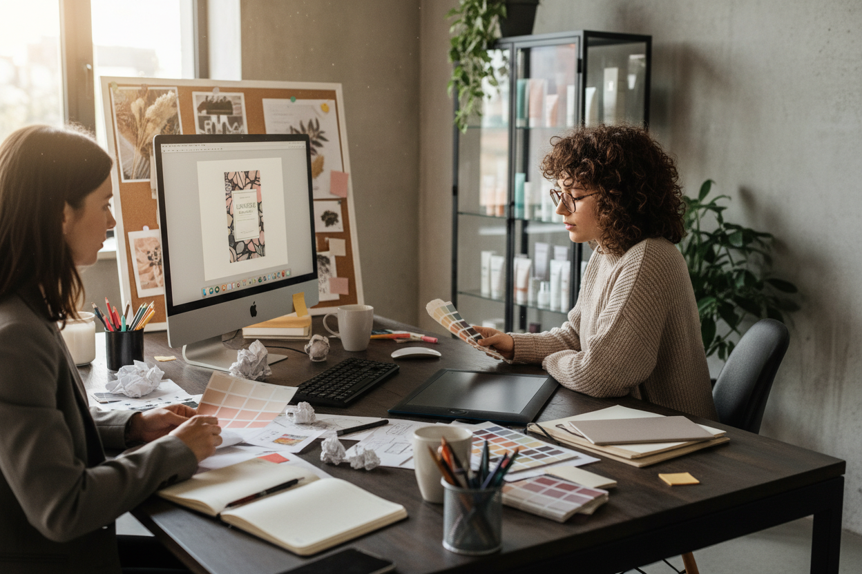 Una ragazza mentre lavora al suo computer intenta a realizzare l'etichetta di un prodotto cosmetico. E' in ufficio alla sua scrivania, una cliente di fronte a lei sfoglia i colori pantone.